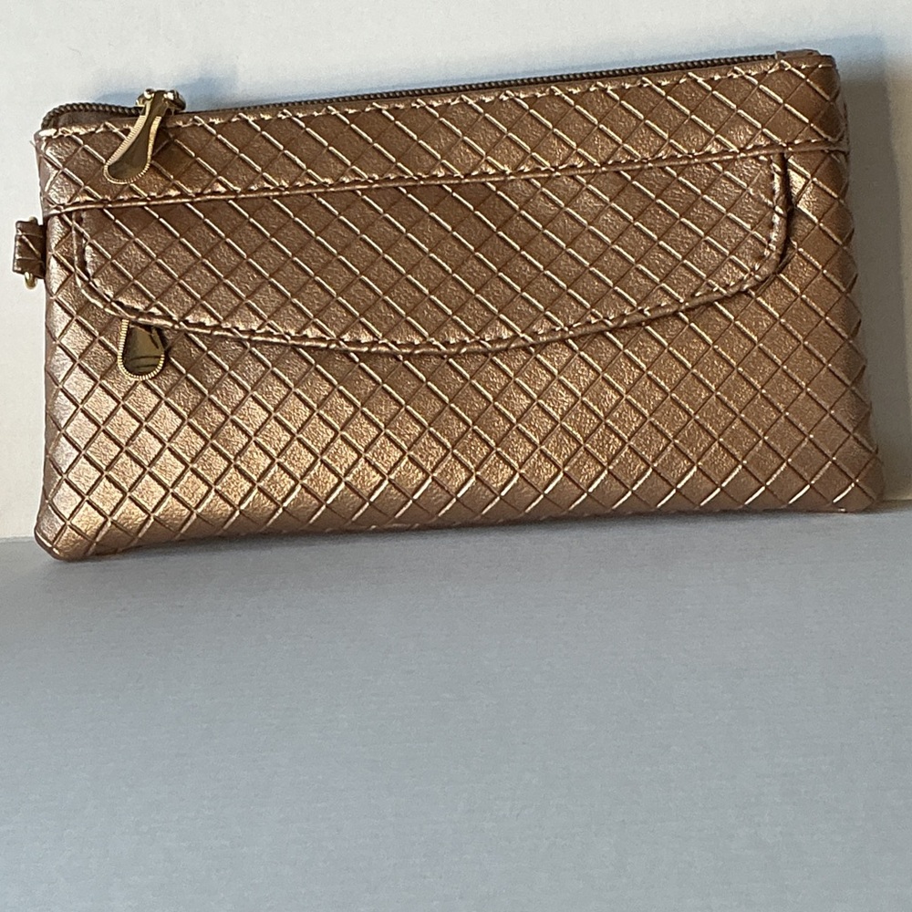 Bronze Woven Wristlet Clutch Wallet w Strap Gold Hardware - Picture 2 of 5